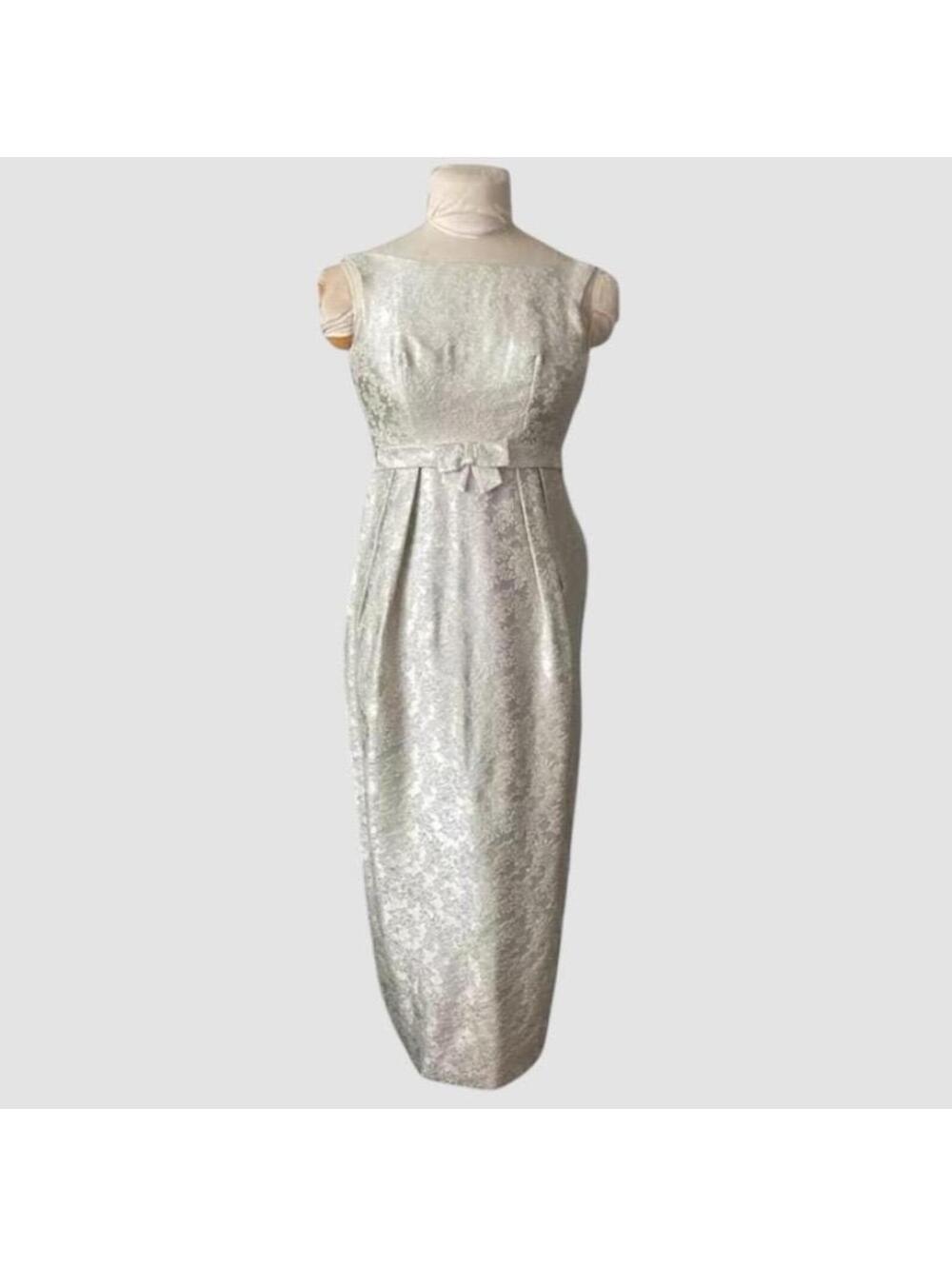 1960s Silver Brocade Wiggle Dress: Vintage Sleeveless Formal G. Fox